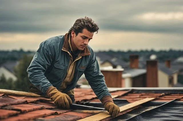 A roofing contractor inspecting a roof for damage on a cloudy day, wearing gloves and a jacket.