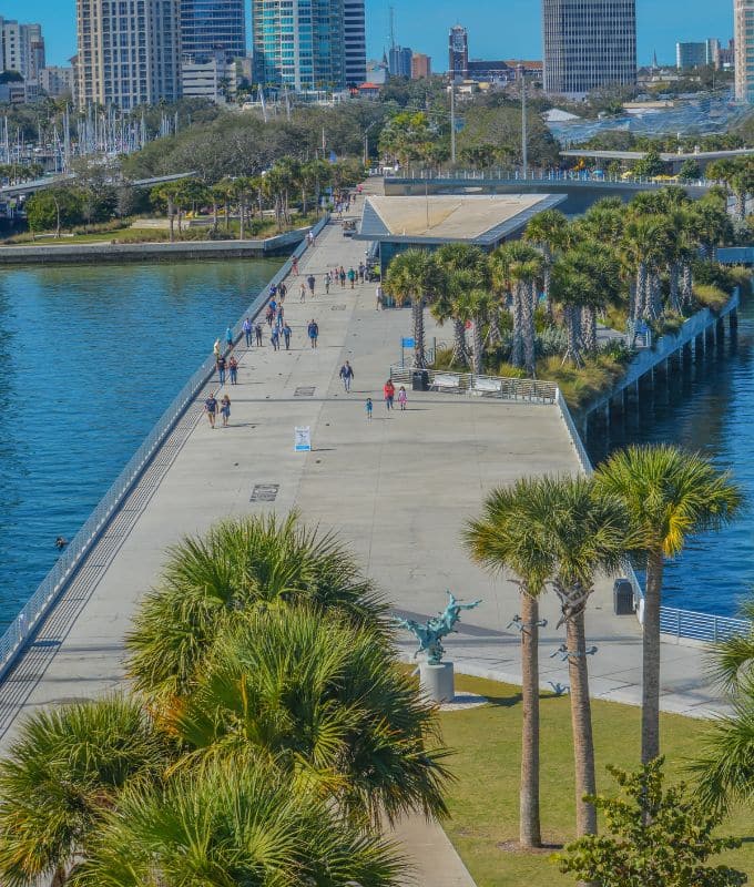 St. Petersburg Pier with people walking along the pathway, surrounded by water and lush palm trees, with the city skyline in the background.