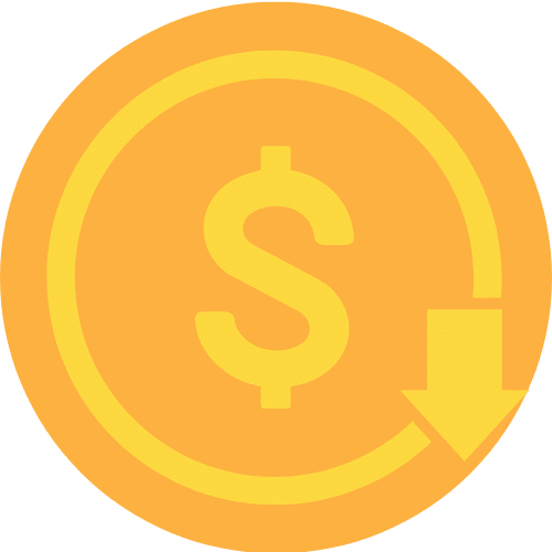 Icon featuring a dollar sign and a downward arrow in a circular design, representing reduced expenses.