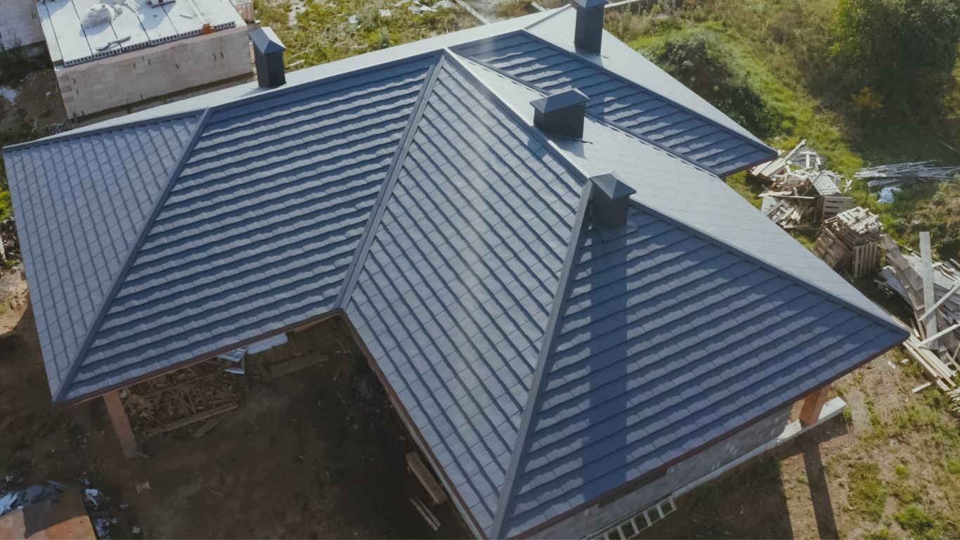 Aerial view of a completed metal roof installation on a home